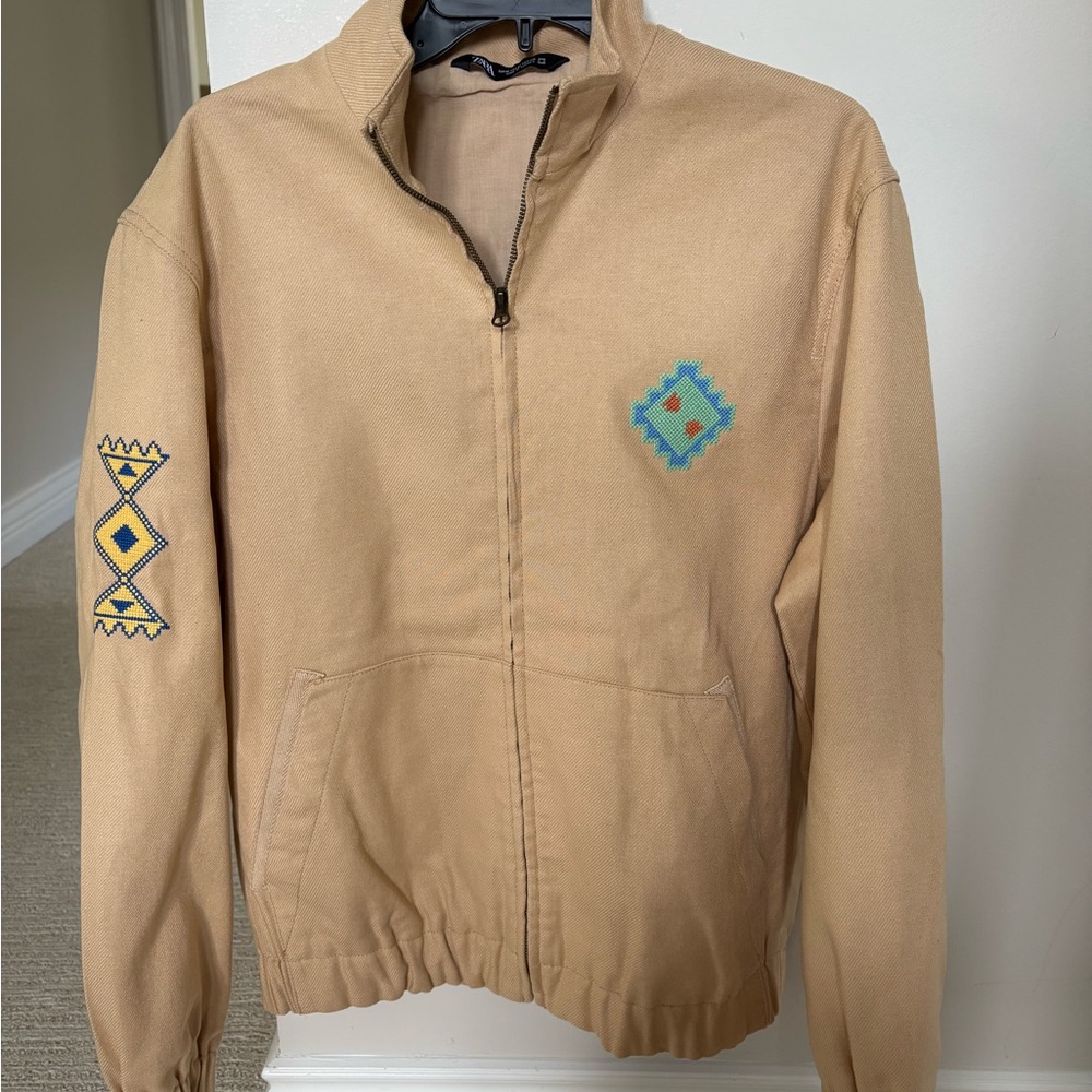 Zara Tan Jacket with Turquoise & Yellow Accents- BRAND NEW
